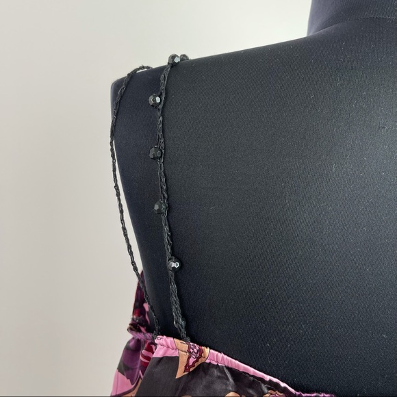 Purple Silk Floral Print Cinched Sleeveless Beaded Blouse - Picture 7 of 9